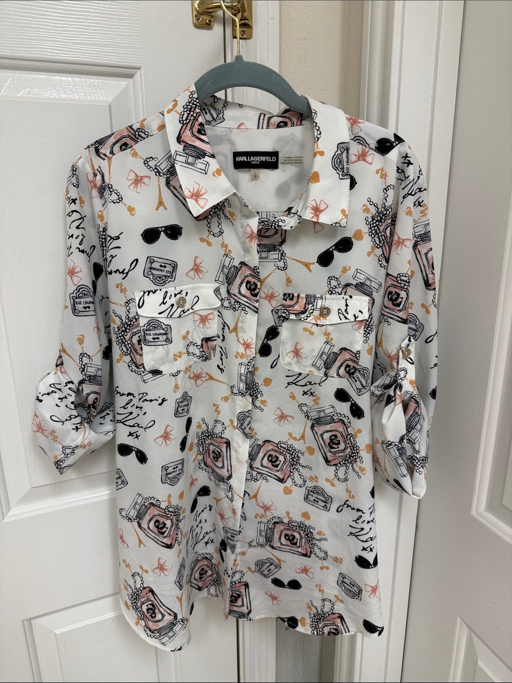 Karl Lagerfeld White Printed Button-Down Shirt with Pink and Black Accents